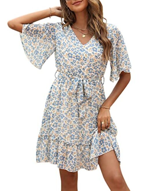 Manydress Women's Summer Floral Print V Neck Casual Mini Boho Ruffle Swing Dress MY068