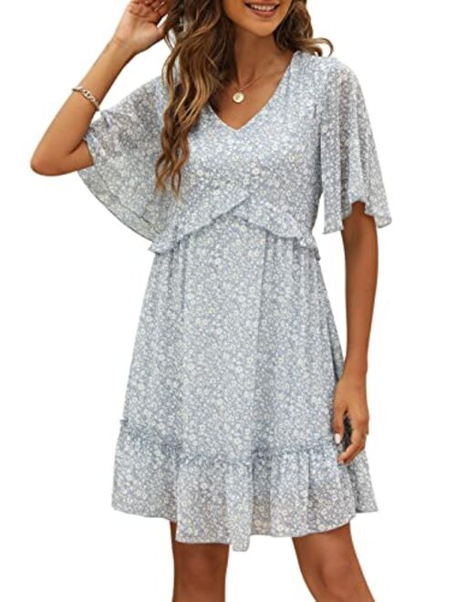 Manydress Women's Summer Floral Print V Neck Casual Mini Boho Ruffle Swing Dress MY068