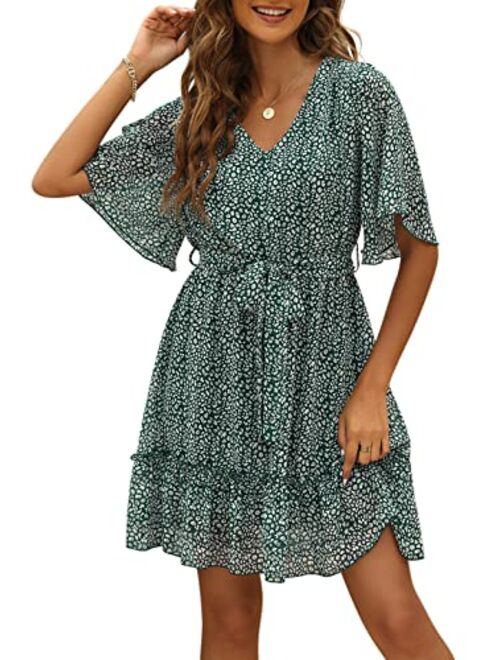 Manydress Women's Summer Floral Print V Neck Casual Mini Boho Ruffle Swing Dress MY068