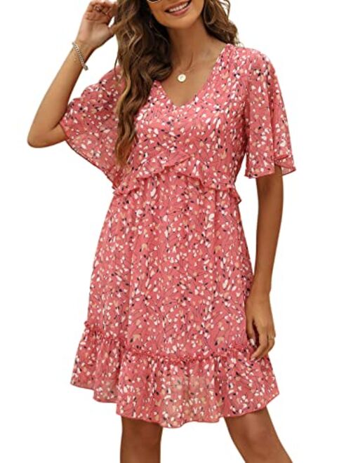 Manydress Women's Summer Floral Print V Neck Casual Mini Boho Ruffle Swing Dress MY068