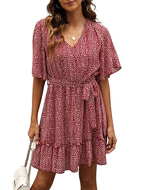 Manydress Women's Summer Floral Print V Neck Casual Mini Boho Ruffle Swing Dress MY068