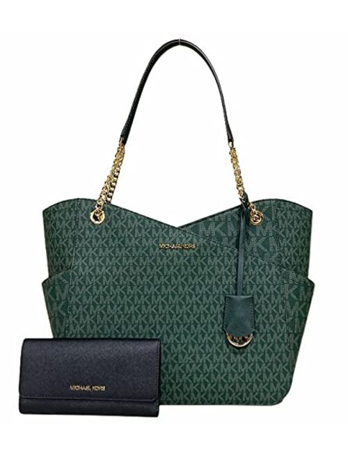 Michael Kors Jet Set Travel Large Chain Shoulder Tote bundled with Trifold Wallet