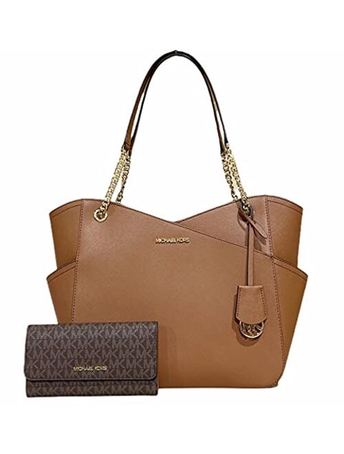 Michael Kors Jet Set Travel Large Chain Shoulder Tote bundled with Trifold Wallet