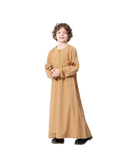 XINNI Arabic Thobe Muslim Thobe Long Sleeve Kaftan Crew Collar Robe with Zipper for Boy