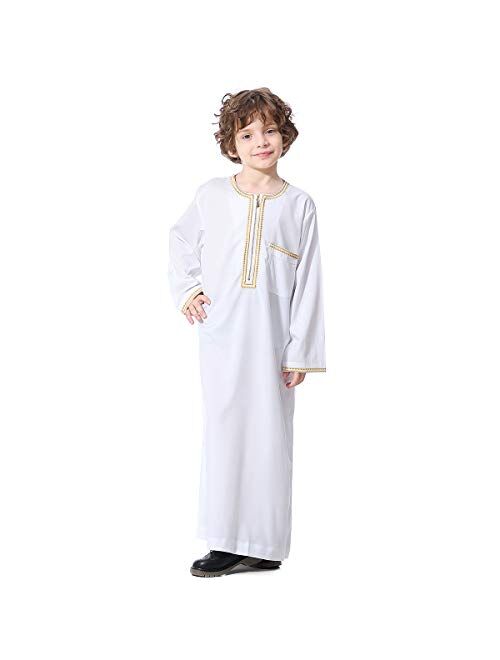 XINNI Arabic Thobe Muslim Thobe Long Sleeve Kaftan Crew Collar Robe with Zipper for Boy