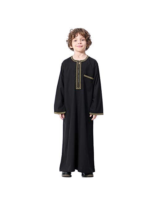 XINNI Arabic Thobe Muslim Thobe Long Sleeve Kaftan Crew Collar Robe with Zipper for Boy