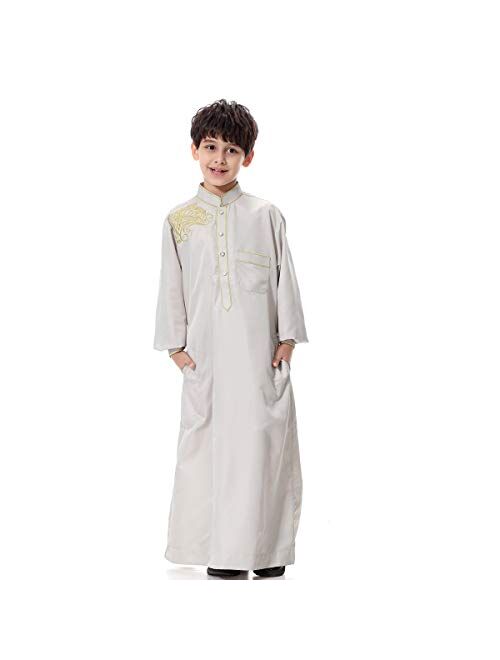 XINNI Arabic Thobe Muslim Thobe Kaftan Stand Collar Robe with Botton for Boy