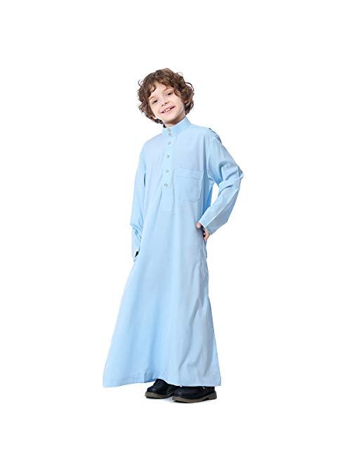 Hanyimidoo Boy's Muslim Arab Pure Color Stand Collar Thobe