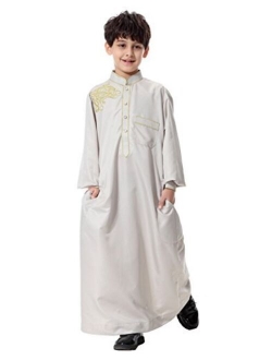 GladThink Boy's Muslim Embroidery Thobe Long Sleeves Mandarin Neck