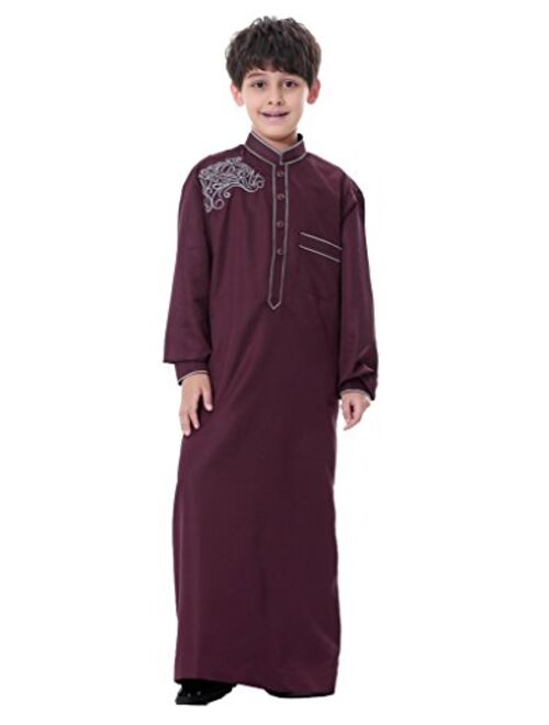 GladThink Boy's Muslim Embroidery Thobe Long Sleeves Mandarin Neck