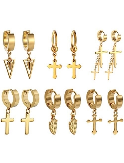 Golden George 3-6 Pairs Cross Dangle Hinged Hoop Earrings for Men and Women Gold Stainless Steel Punk Hip-hop Ear Piercing Earrings, Hypoallergenic