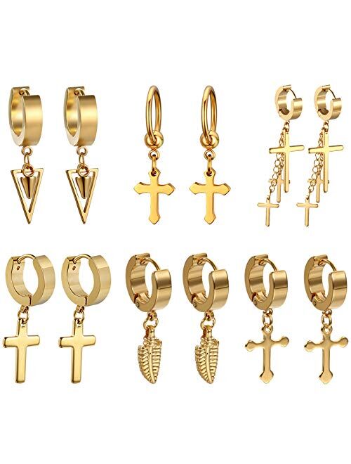 Golden George 3-6 Pairs Cross Dangle Hinged Hoop Earrings for Men and Women Gold Stainless Steel Punk Hip-hop Ear Piercing Earrings, Hypoallergenic