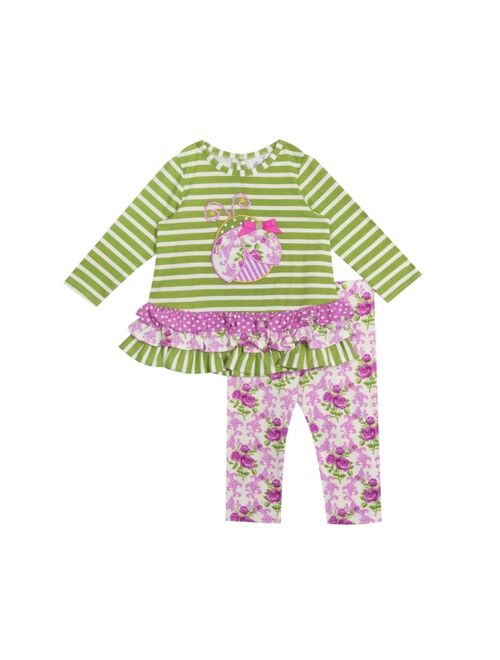 Rare Editions Baby Girls Casual Applique Ruffled Knit Top and Floral Printed Knit Leggings, 2-Piece Set