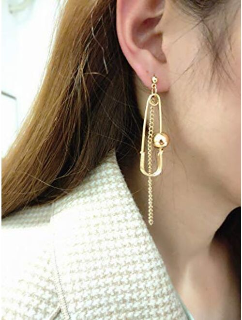 QIAN0813 Fashion Long Tassel Asymmetric Safety Pin Chain U Shaped Drop Earring Exaggerate Dangle Earrings for Women Men Punk Jewelry