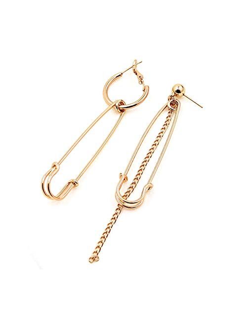 QIAN0813 Fashion Long Tassel Asymmetric Safety Pin Chain U Shaped Drop Earring Exaggerate Dangle Earrings for Women Men Punk Jewelry