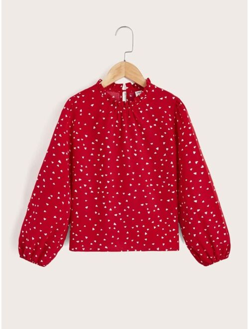 SHEIN Girls Confetti Heart Print Frill Trim Blouse