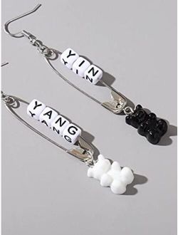 Shower set Hoop Earrings Bear Decor Safety Pin Drop Earrings (Color : Black and White)
