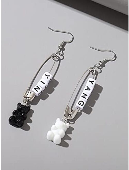 Shower set Hoop Earrings Bear Decor Safety Pin Drop Earrings (Color : Black and White)