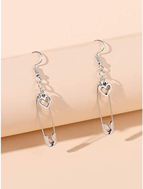 Shower set Hoop Earrings Heart & Safety Pin Charm Drop Earrings (Color : Antique Silver, Size : OneSize)