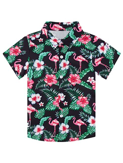 RAISEVERN Boys Button Down Shirts Hawaiian Cartoon Print Slim-Fit Short Sleeve Cool Dress Shirt Cute Top for Kids(2-10T)