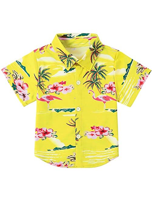 RAISEVERN Boys Button Down Shirts Hawaiian Cartoon Print Slim-Fit Short Sleeve Cool Dress Shirt Cute Top for Kids(2-10T)