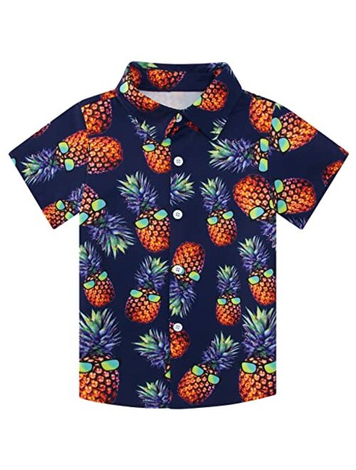 RAISEVERN Boys Button Down Shirts Hawaiian Cartoon Print Slim-Fit Short Sleeve Cool Dress Shirt Cute Top for Kids(2-10T)