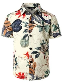 JOGAL Big Boy's Floral Casual Button Down Short Sleeve Hawaiian Shirt