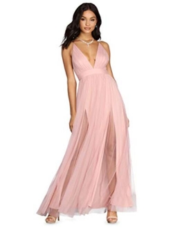 Windsor Long Formal Tulle Dress, Sleeveless V-Neck Tulle Ball Gown with High Front Slits, Weddings, Bridesmaid Dresses