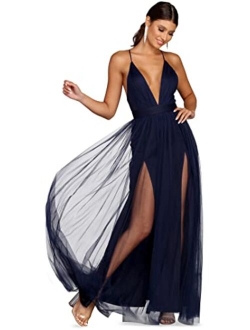 Windsor Long Formal Tulle Dress, Sleeveless V-Neck Tulle Ball Gown with High Front Slits, Weddings, Bridesmaid Dresses