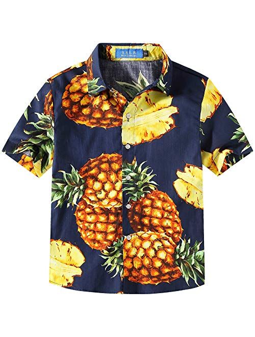 SSLR Big Boys Hawaiian Shirt Cotton Casual Short Sleeve Button Up Shirts