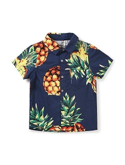 OCHENTA Little & Big Boy's Print Button Down Hawaiian Shirt Short Sleeve Tops