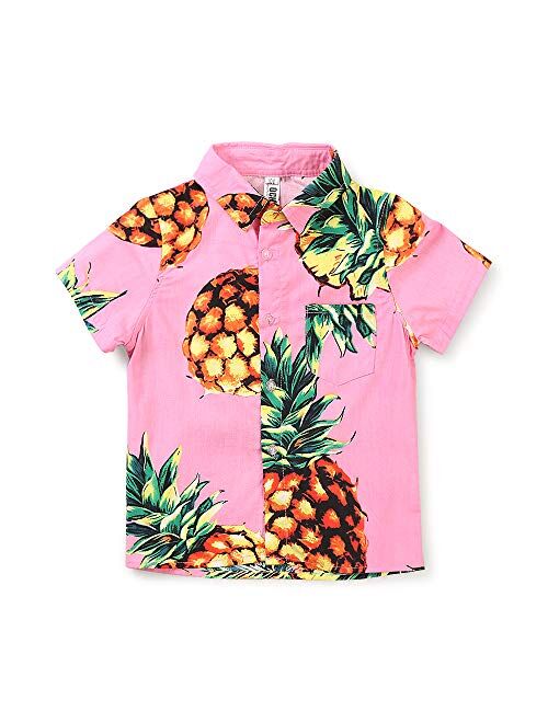 OCHENTA Little & Big Boy's Print Button Down Hawaiian Shirt Short Sleeve Tops