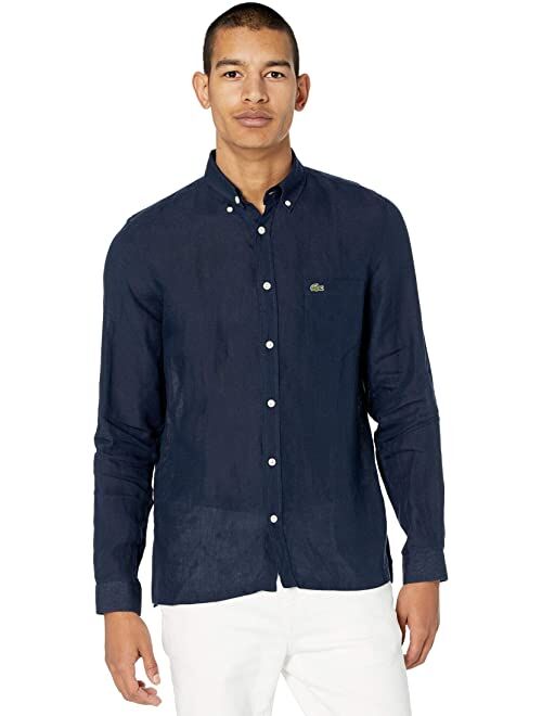 Lacoste Long Sleeve Solid Linen Button Down Collar Regular