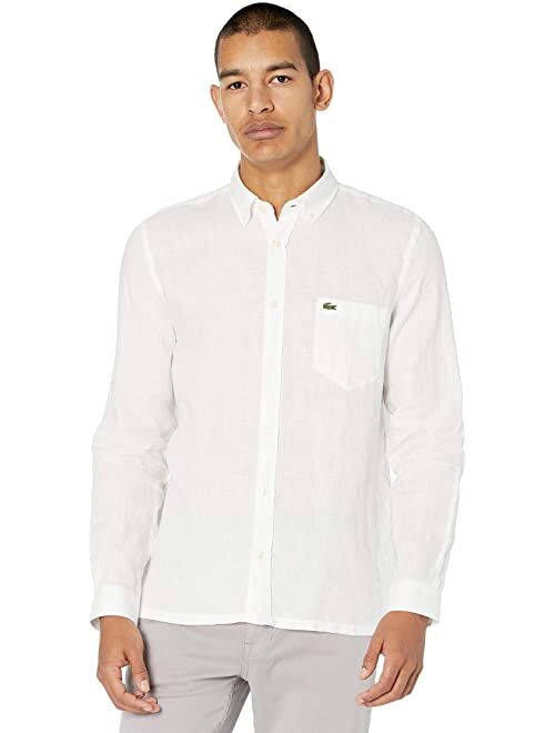 Lacoste Long Sleeve Solid Linen Button Down Collar Regular