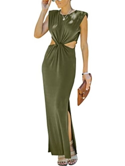 Prinbara Womens Side Cutout Padded Shoulder Summer Long Bodycon Dress Sleeveless Slit Club Party Maxi Dresses