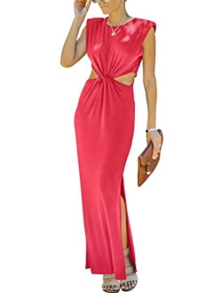 Prinbara Womens Side Cutout Padded Shoulder Summer Long Bodycon Dress Sleeveless Slit Club Party Maxi Dresses