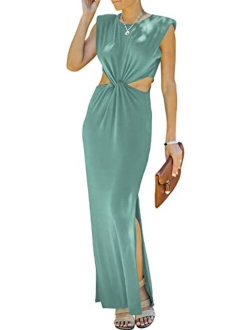 Prinbara Womens Side Cutout Padded Shoulder Summer Long Bodycon Dress Sleeveless Slit Club Party Maxi Dresses