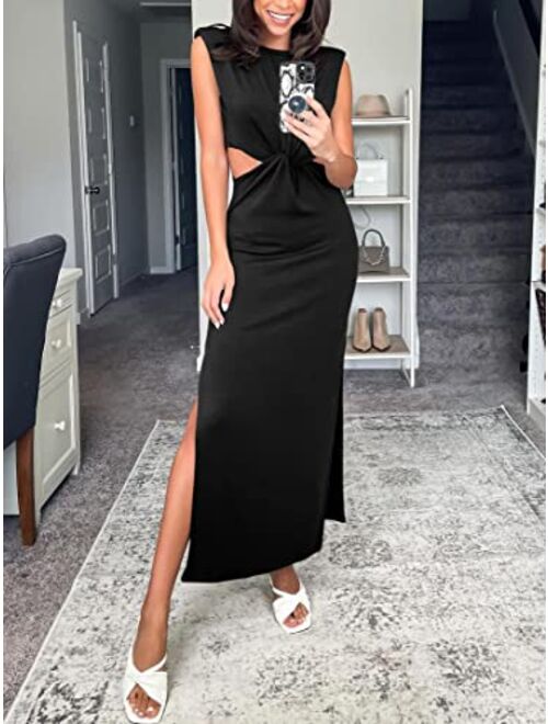 Prinbara Womens Side Cutout Padded Shoulder Summer Long Bodycon Dress Sleeveless Slit Club Party Maxi Dresses