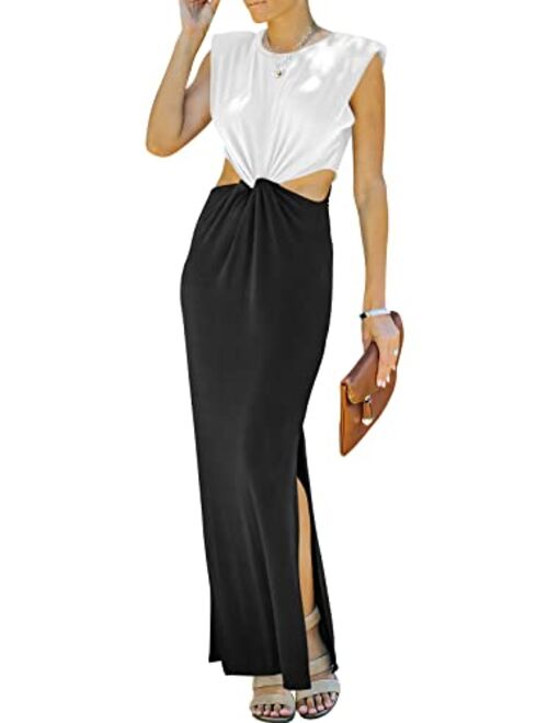 Prinbara Womens Side Cutout Padded Shoulder Summer Long Bodycon Dress Sleeveless Slit Club Party Maxi Dresses