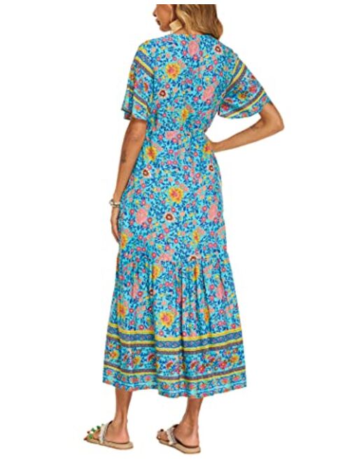 Zeagoo Women's V Neck Bohemian Dress Floral Printed Maxi Dress Short Sleeve Beach Party Dress