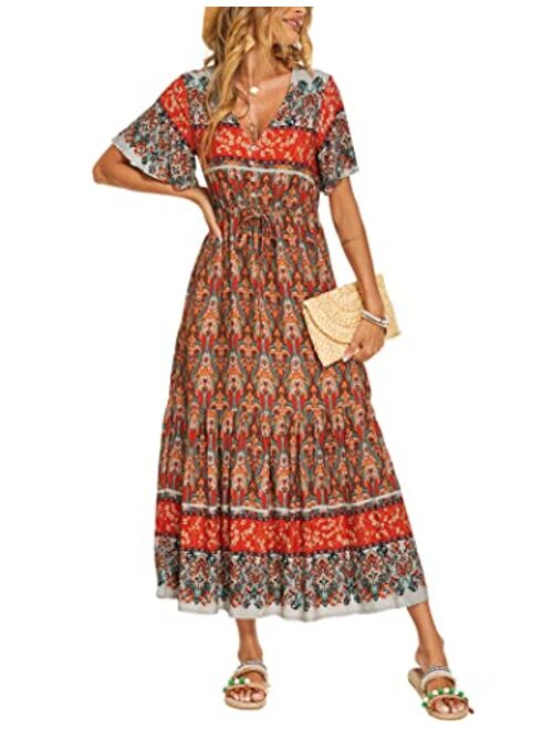 Zeagoo Women's V Neck Bohemian Dress Floral Printed Maxi Dress Short Sleeve Beach Party Dress