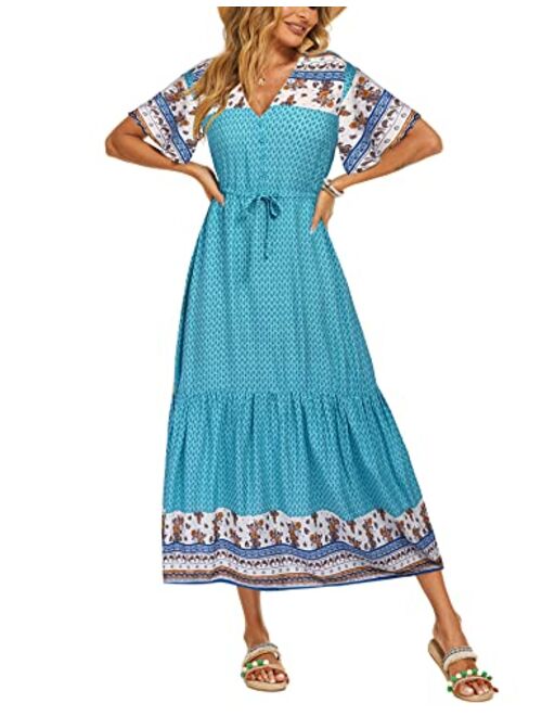 Zeagoo Women's V Neck Bohemian Dress Floral Printed Maxi Dress Short Sleeve Beach Party Dress