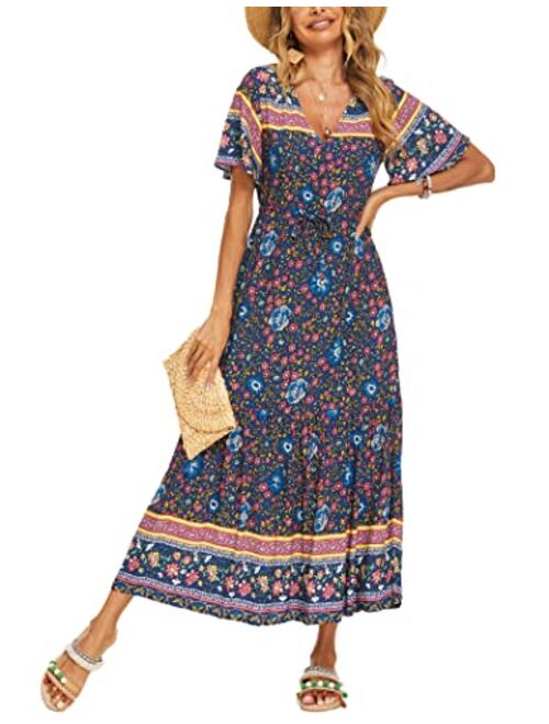 Zeagoo Women's V Neck Bohemian Dress Floral Printed Maxi Dress Short Sleeve Beach Party Dress