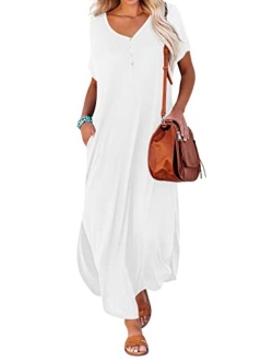 Women Casual Loose Sexy Deep V Maxi Dress Short Sleeve Button Down Summer Split Beach Long Dress with Pockets