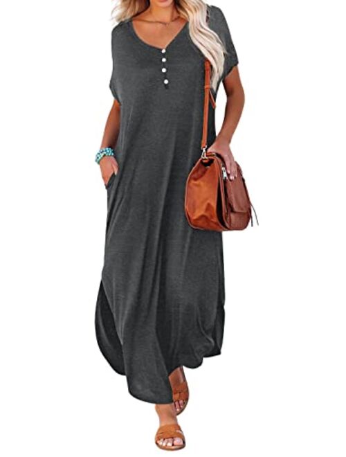 GRECERELLE Women Casual Loose Sexy Deep V Maxi Dress Short Sleeve Button Down Summer Split Beach Long Dress with Pockets