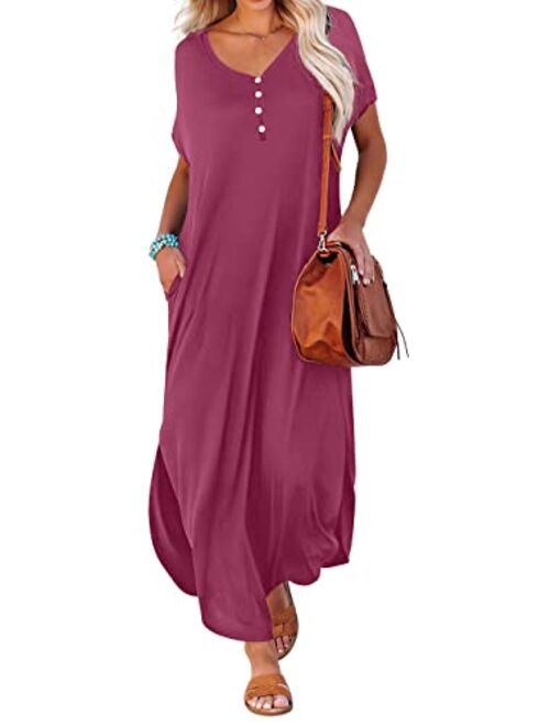 GRECERELLE Women Casual Loose Sexy Deep V Maxi Dress Short Sleeve Button Down Summer Split Beach Long Dress with Pockets