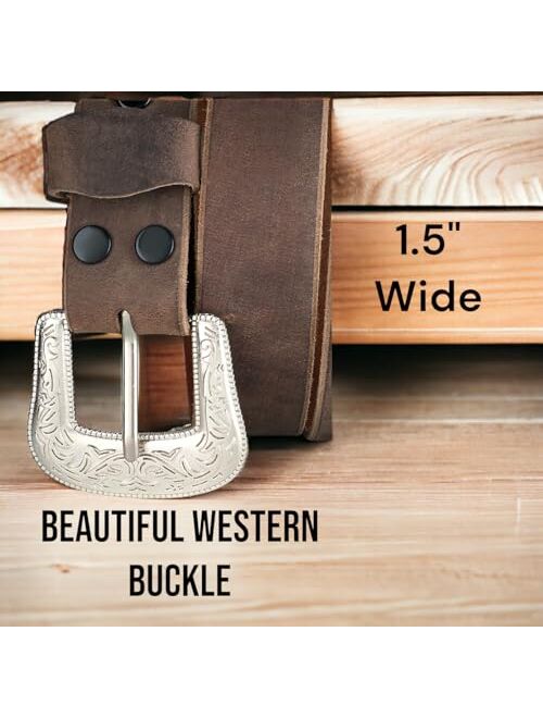 F&L Classic mens belt Western full grain Leather Engraved Tooled Strap w/Snaps for Interchangeable Buckles, USA