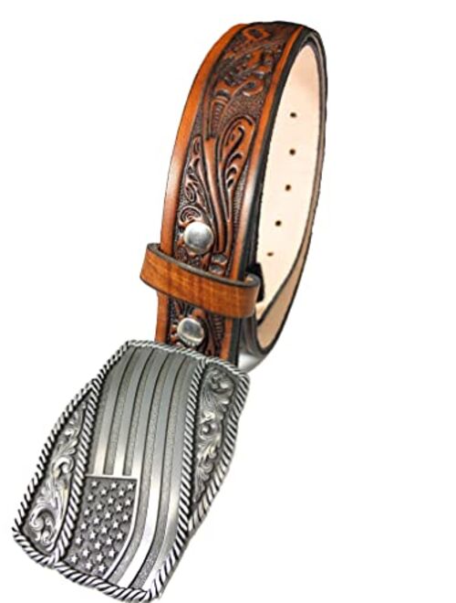 Bama Belts And Leathers Western Floral Oak Embossed Genuine Leather Belt with American Flag Buckle