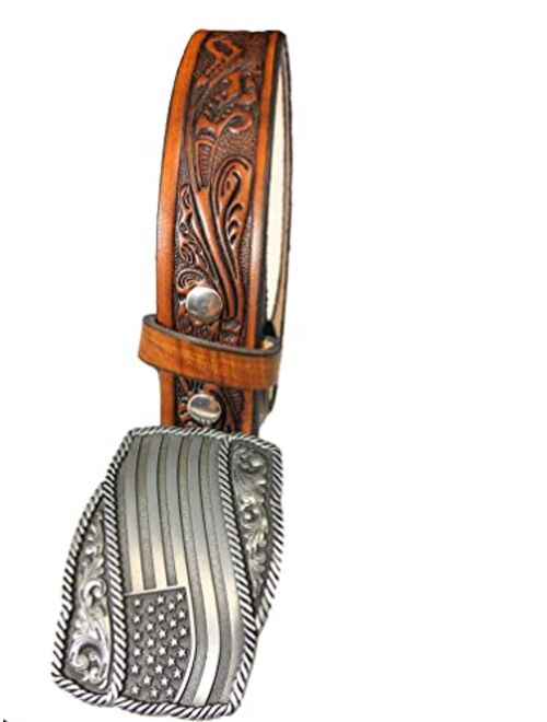 Bama Belts And Leathers Western Floral Oak Embossed Genuine Leather Belt with American Flag Buckle