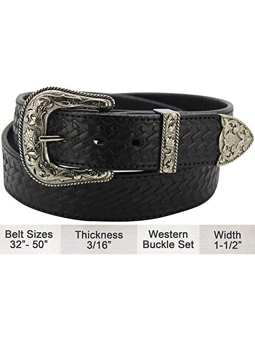 New Look Bullhidebelts.Com Men's Leather Basket Weave Western Belt - Heavy Duty, Embossed Design 1.5” Wide